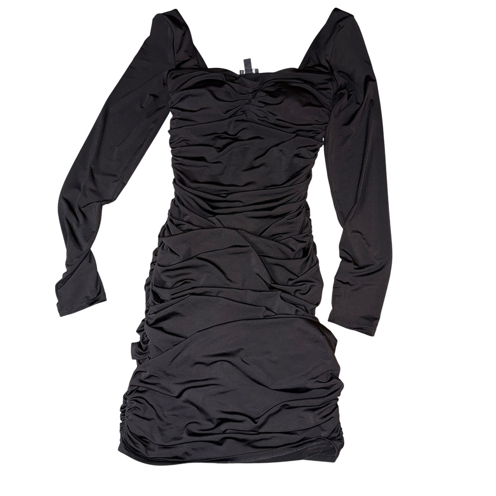 Express Body Contour Ruched Long Sleeve‎ Square Neck Mini Dress Black XS
